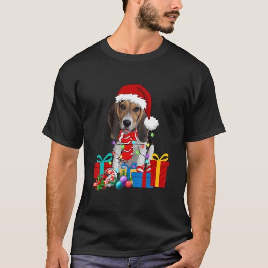 Kerstbeagle Dog Xmas licht Santa Hat Pajama T-shirt (Voorkant)