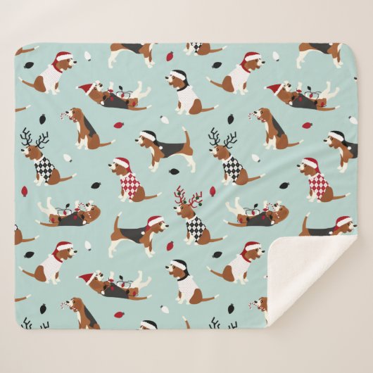Kerstbeagles: Blauwe Sherpa Blanket Deken (Voorkant (horizontaal))