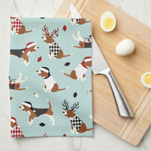 Kerstbeagles Blue Kitchen Towel Theedoek (Quarter Fold)