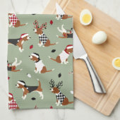 Kerstbeagles Green Kitchen Towel Theedoek (Quarter Fold)