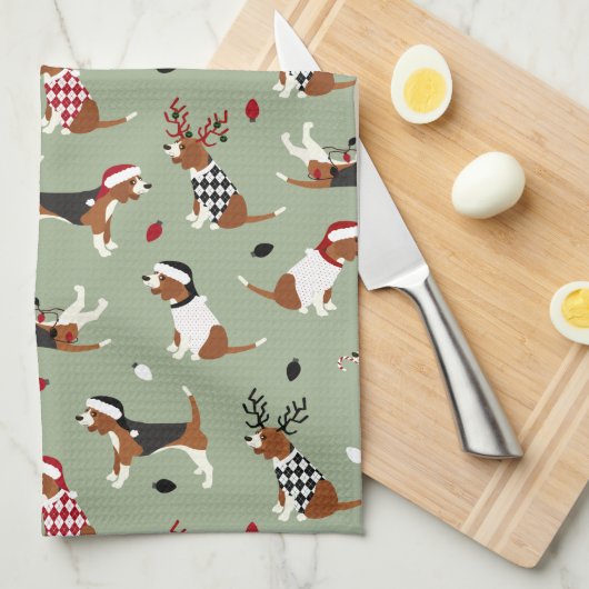 Kerstbeagles Green Kitchen Towel Theedoek (Quarter Fold)