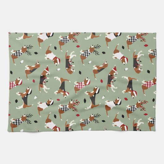 Kerstbeagles Green Kitchen Towel Theedoek (Horizontaal)