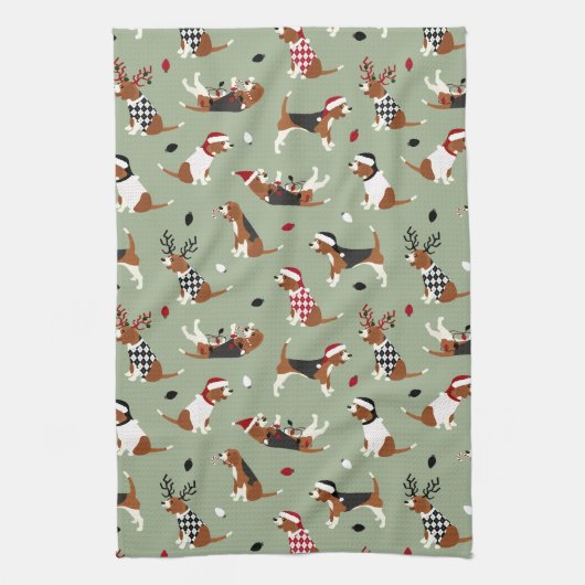 Kerstbeagles Green Kitchen Towel Theedoek (Verticaal)