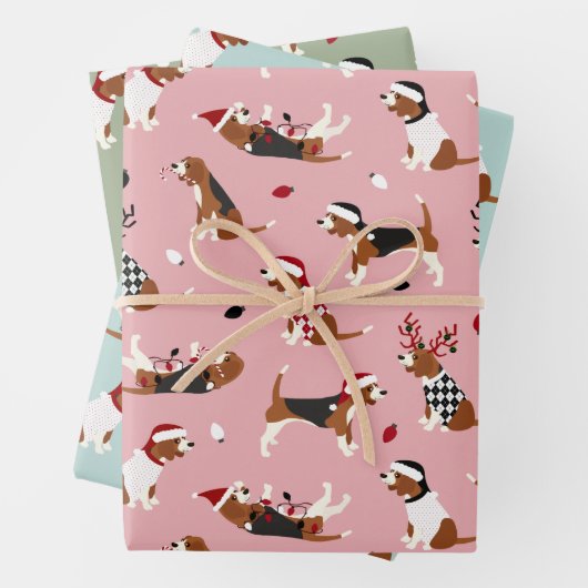 kerstbeagles roze blauw groen inpakpapier vel (In situ)