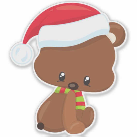 KerstBeer, Cute Beer, Santa Hat, Scarf, Kerstmis Sticker (Voorkant)