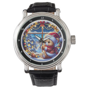 Kerstbeer die uit het raam kijkt naar een besneeuw horloge