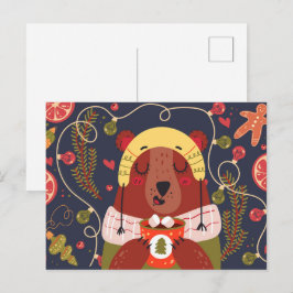 Kerstbeer die warme chocolademelk drinkt  briefkaart