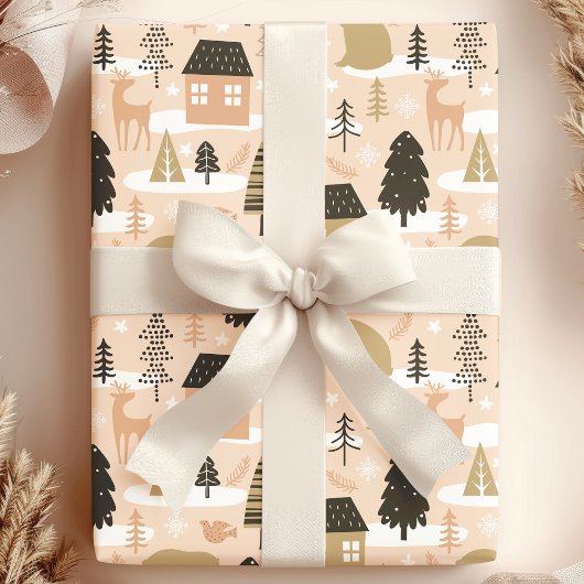 Kerstbeer dorp Roze Zwart Goud Modern Cadeaupapier