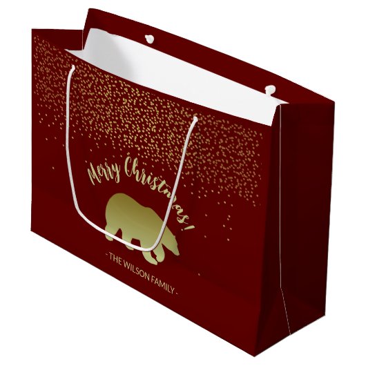 Kerstbeer Goud en Bourgondië Groot Cadeauzakje (Voorkant Gekanteld)