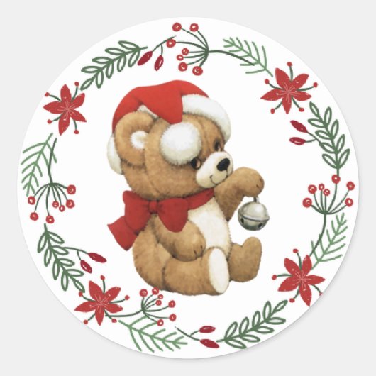 Kerstbeer met belsticker ronde sticker (Voorkant)