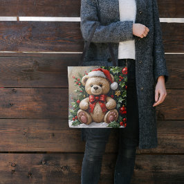 Kerstbeer met hulst tote bag