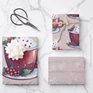 Kerstbeker met warme chocolademelk Blush Roze Inpakpapier Vel