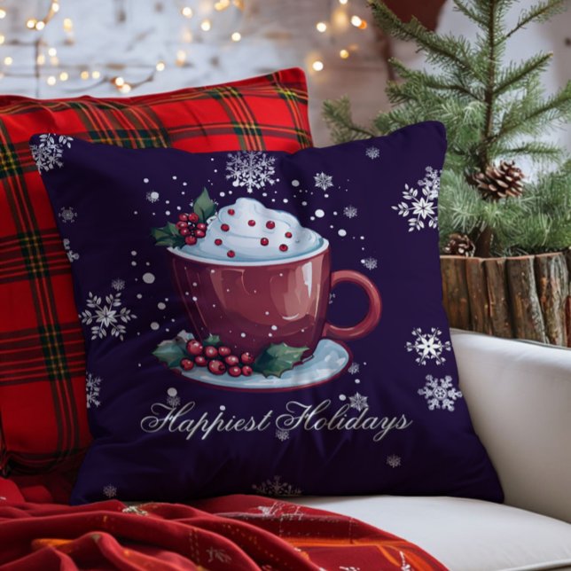 Kerstbeker met warme chocolademelk | Paars Kussen (Purple Christmas Cup of Hot Chocolate Throw Pillow)