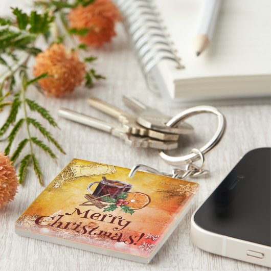 kerstbeker Oranje Holly Berry Cinnamon Greeting Sleutelhanger (Voorkant Rechts)
