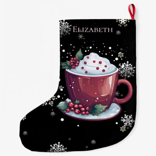 Kerstbeker van warme chocolademelk gepersonaliseer grote kerstsok (Achterkant)