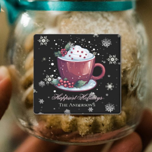 Kerstbeker van warme chocolademelk gepersonaliseer labels