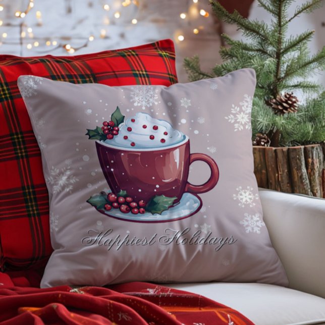 Kerstbeker Warme Chocolade | Blush Roze Kussen (Pink Christmas Cup of Hot Chocolate Throw Pillow)