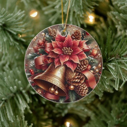 Kerstbel & Poinsettia Keramisch Ornament (Boom)
