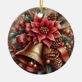 Kerstbel & Poinsettia Keramisch Ornament