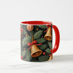 Kerstbellen, decoratief patroon, rode rand, mok