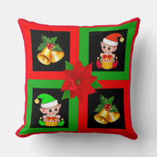 Kerstbellen & elf op zwart, groen & rood kussen