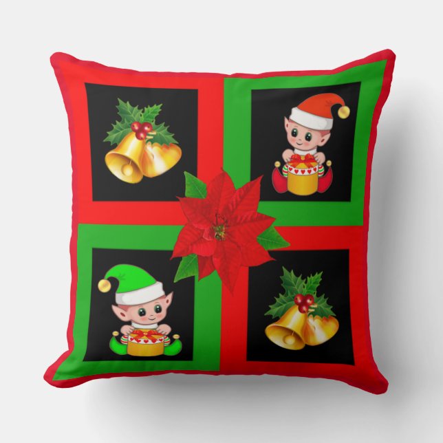 Kerstbellen & elf op zwart, groen & rood kussen (Voorkant)