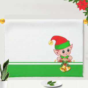 Kerstbellen en een leuke elf op groen en wit theedoek