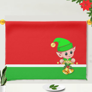 Kerstbellen en een schattelijke elf op groen en ro theedoek