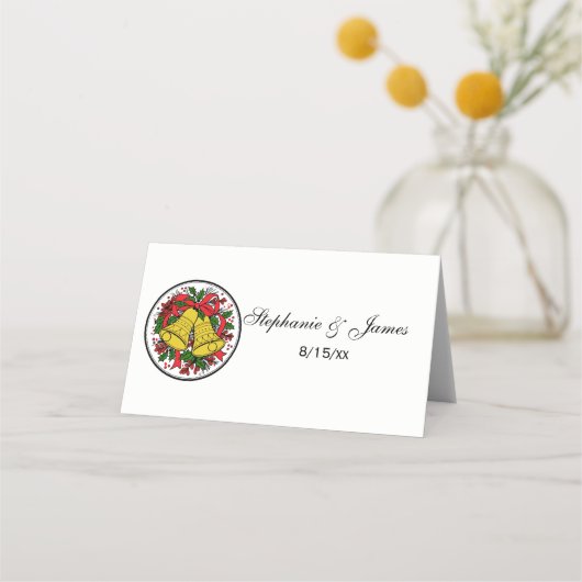 Kerstbellen Holly rood lint Plaatskaartje (Voorkant)