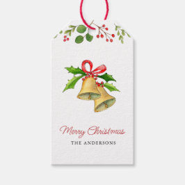 Kerstbellen met rode strik cadeaublaadjes cadeaulabel