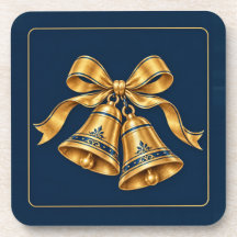 Kerstbellen Onderzetters - Middenblauw & Goud - 6
