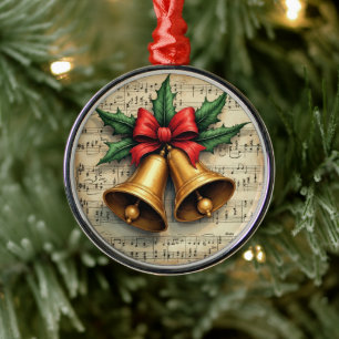 Kerstbellen op bladmuziek, metalen ornament