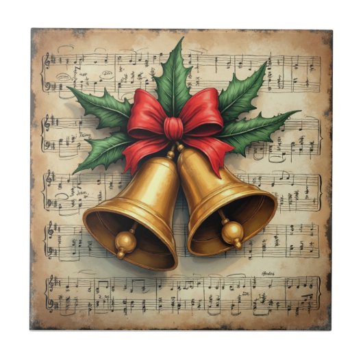Kerstbellen op bladmuziek, tegeltje (Voorkant)