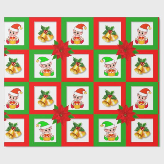 Kerstbellen, poinsettia, elf op groen en rood cadeaupapier (Vlak)