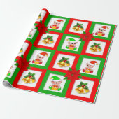 Kerstbellen, poinsettia, elf op groen en rood cadeaupapier (Uitgerold)