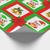 Kerstbellen, poinsettia, elf op groen en rood cadeaupapier (Hoek)