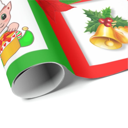Kerstbellen, poinsettia, elf op groen en rood cadeaupapier (Rol Hoek)
