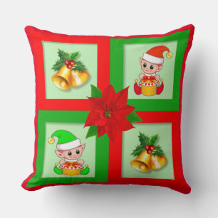 Kerstbellen, poinsettia, elf op groen en rood kussen