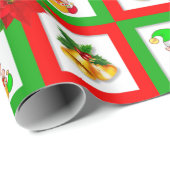 kerstbellen, poinsettia, elven op groen en rood cadeaupapier (Rol Hoek)