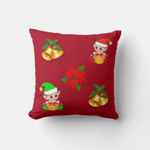 Kerstbellen, poinsettia en een leuke elf op rood kussen