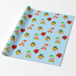 Kerstbellen, poinsettia en leuk elfenornament cadeaupapier