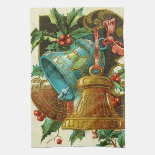 Kerstbellen, Vintage Kerstkaart Theedoek (Verticaal)