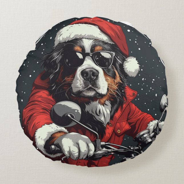 KerstBernese Mountain Dog Rond Kussen (Voorkant)