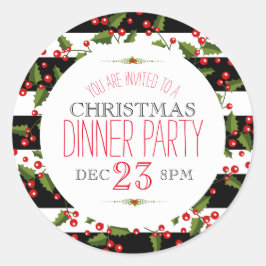 KerstBerry WreatBlack & White Stripes Ronde Sticker