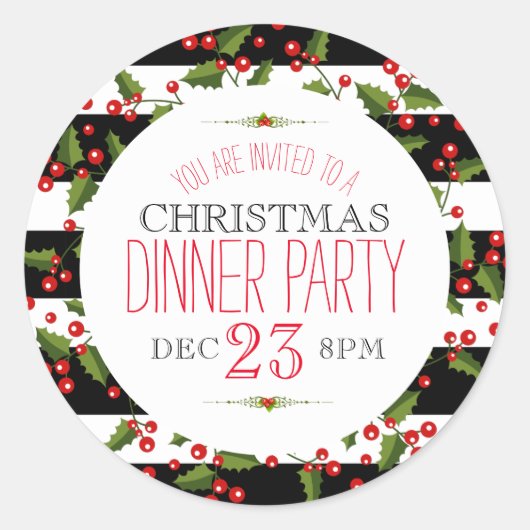 KerstBerry WreatBlack & White Stripes Ronde Sticker (Voorkant)