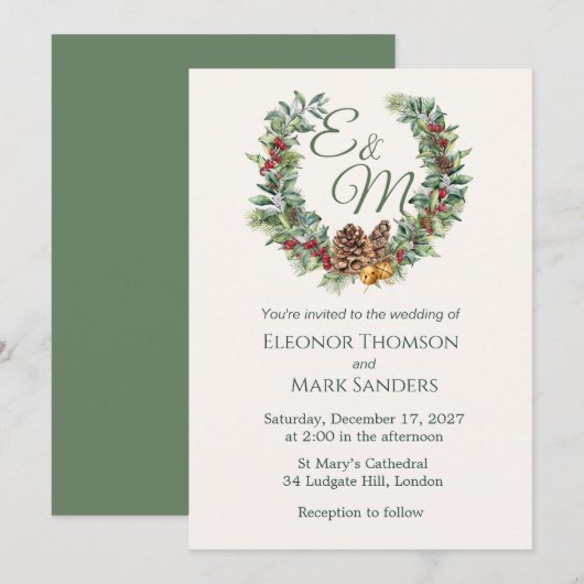 Kerstbes, dennenbaardenmonogram Weddenschap Kaart (Voorkant / Achterkant)