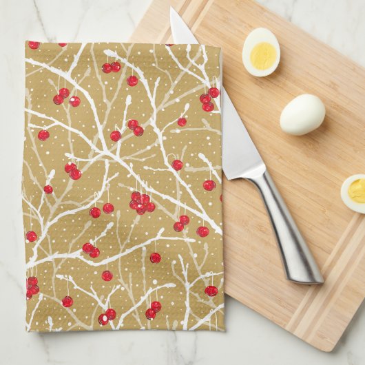 Kerstbesneeuwde winterbessen | Goud/rood/wit Theedoek (Quarter Fold)