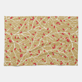 Kerstbesneeuwde winterbessen | Goud/rood/wit Theedoek