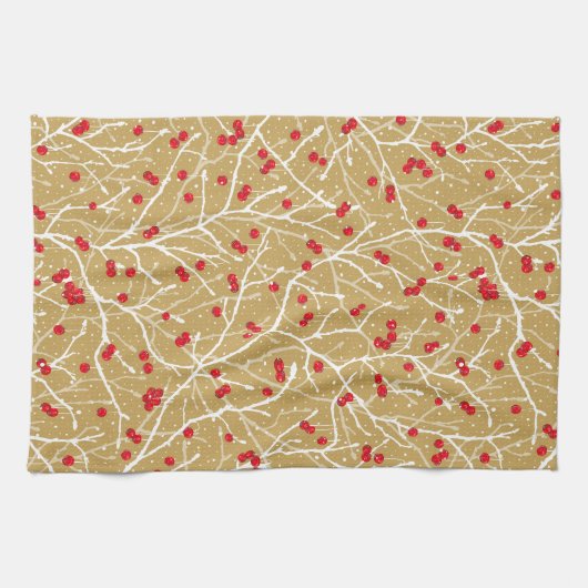 Kerstbesneeuwde winterbessen | Goud/rood/wit Theedoek (Horizontaal)
