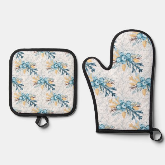 Kerstbessen Blauw Geel Ovenwant & Pannenlap Set (Voorkant)